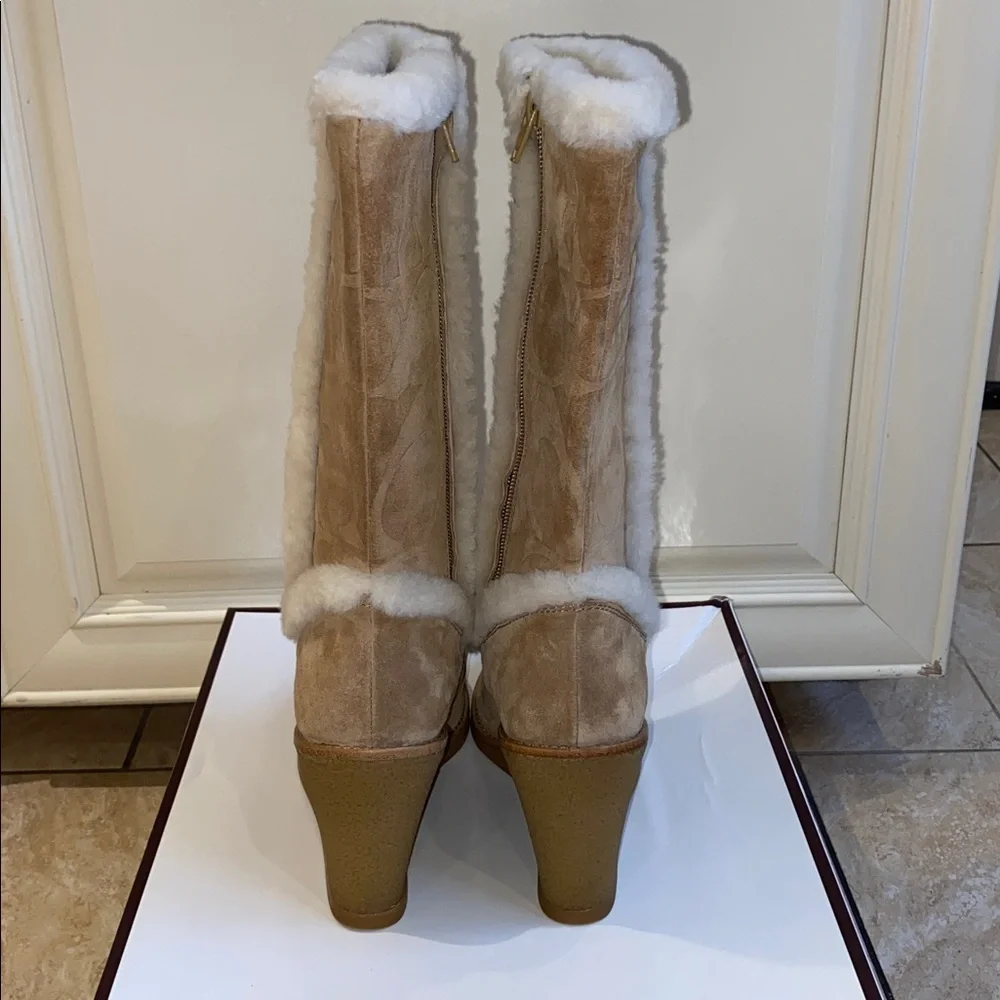 COACH Jordana Suede Shearling Trim Wedge Boots in Tan & Beige in Size 7 - Picture 4 of 15